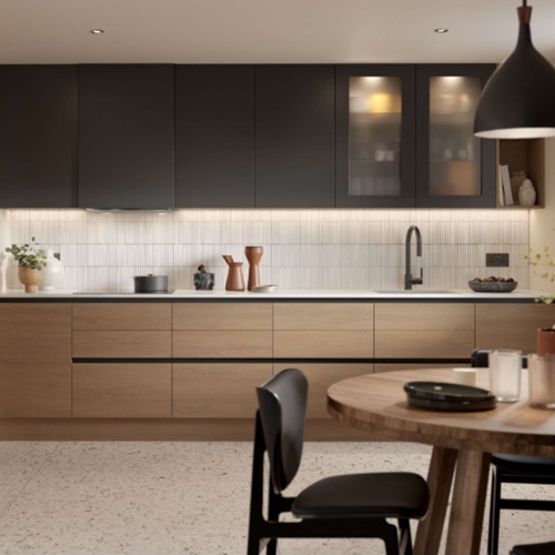 Contemporary kitchen in Dublin with wooden cabinets and black accents.