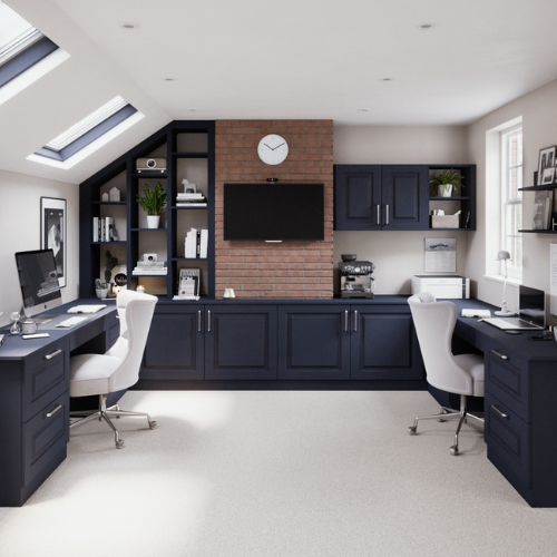 Dual desk home office with navy cabinetry and brick accent wall.