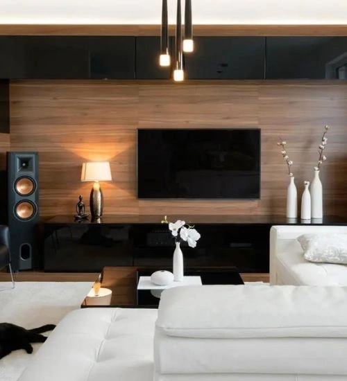 living room with wooden tv unit